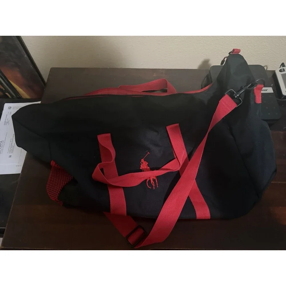 Mens Ralph Lauren Polyester Big Pony Polo Red Black Duffle Travel Bag